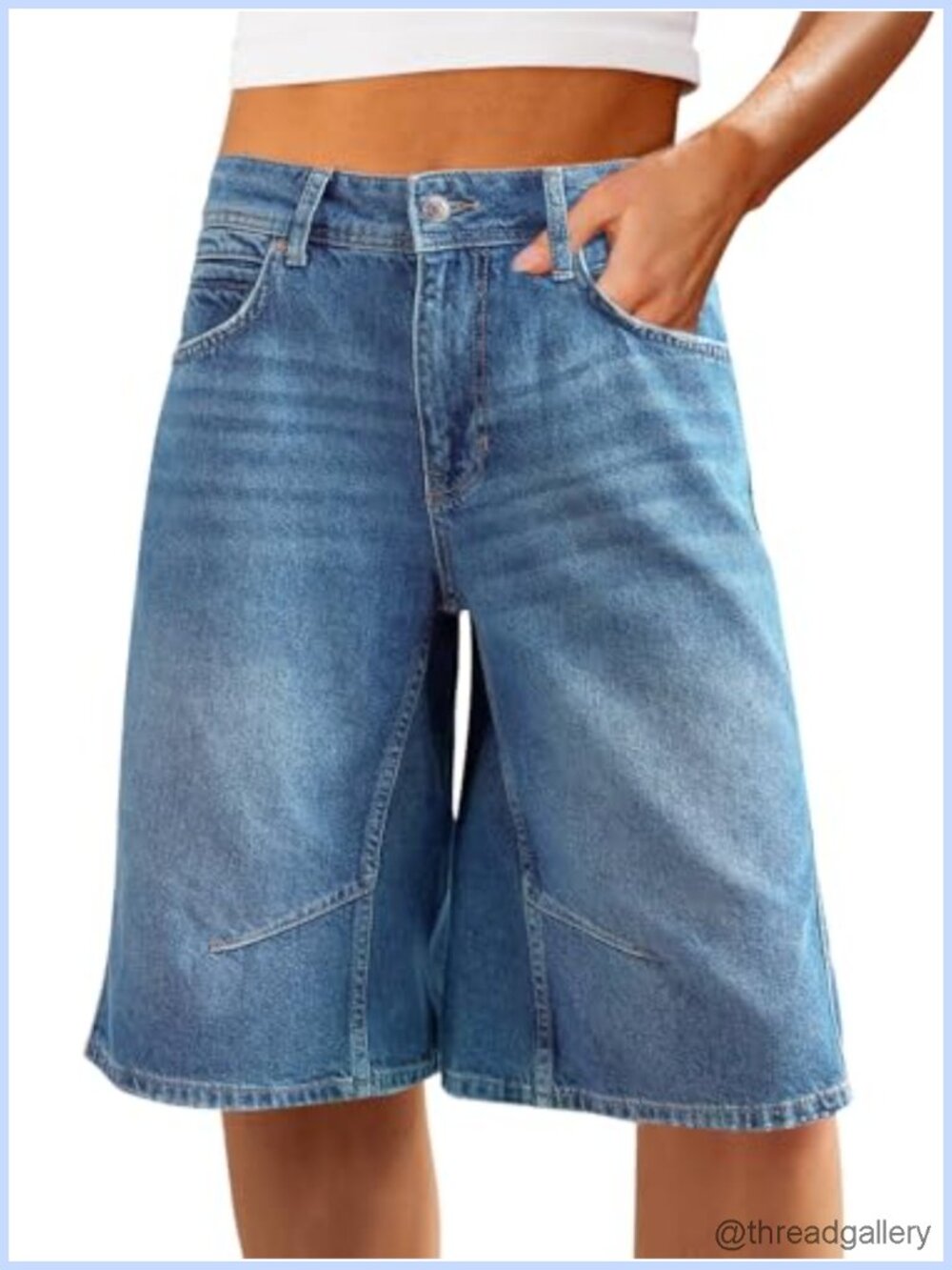 Womens Stretchy Cotton Denim Bermuda Shorts Mid Rise Wide Leg 10.3 Inseam